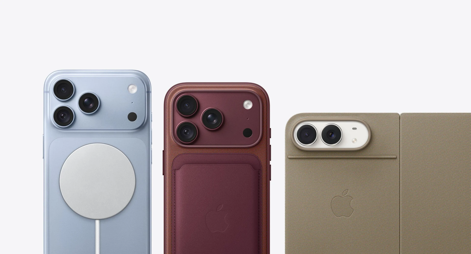 iPhone con MagSafe colocado, funda con cartera y folio del iPhone Duo en fila