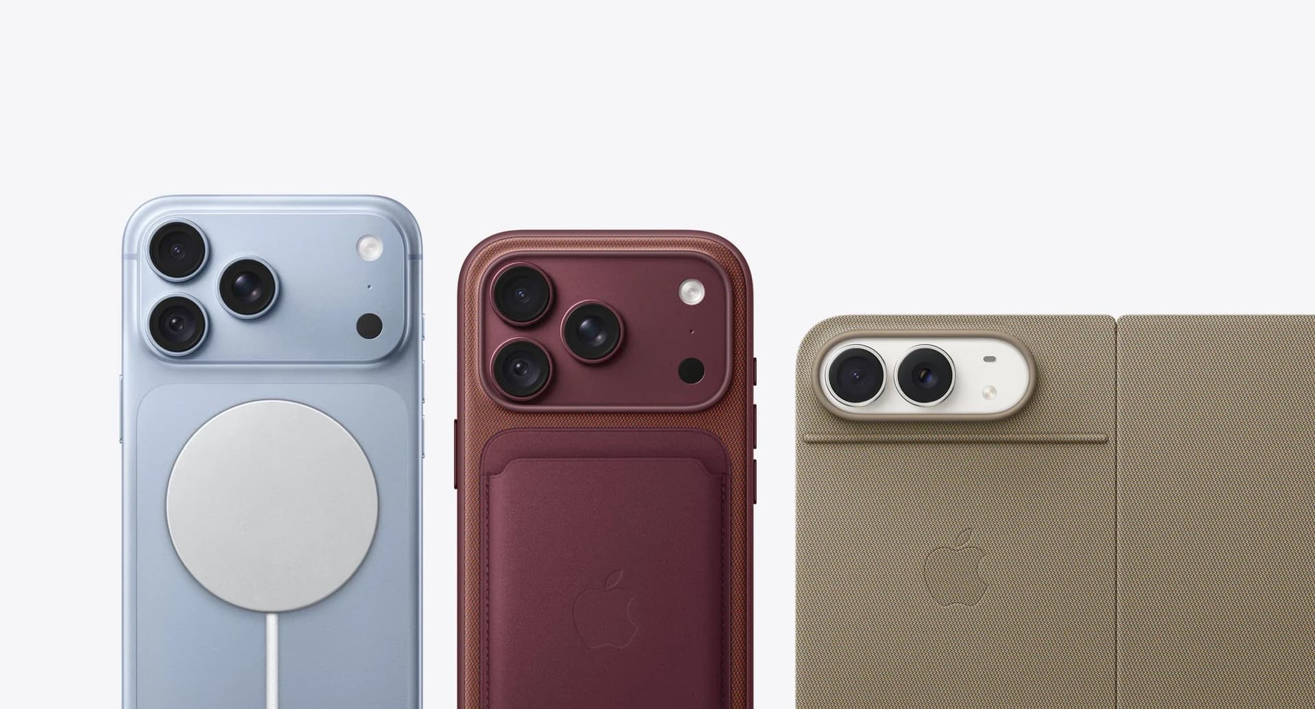 iPhone con MagSafe colocado, funda con cartera y folio del iPhone Duo en fila