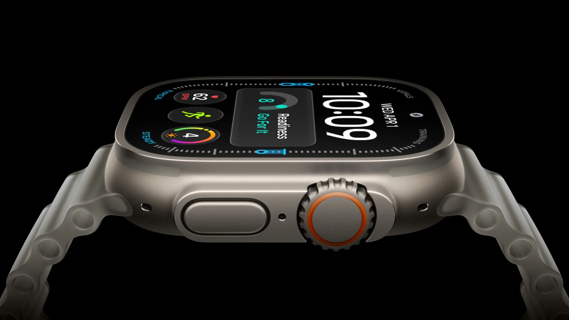 Apple Watch Ultra 4 de frente con caja de titanio natural