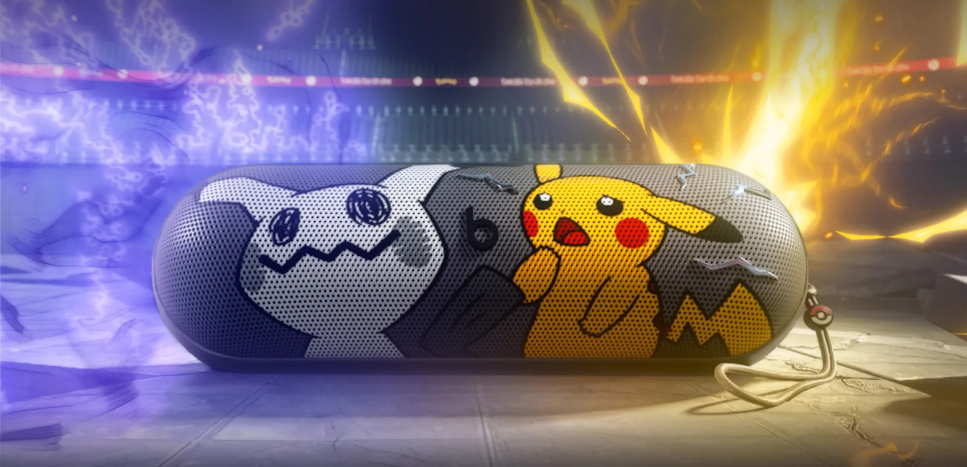 Beats Pill Pokémon amid flashes from Pikachu and Mimikyu