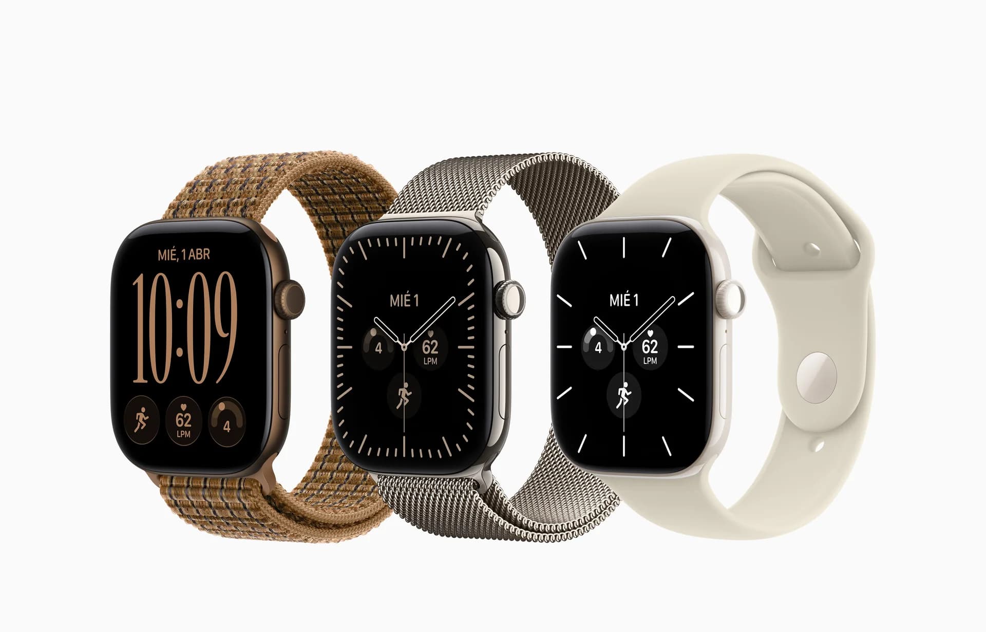 Tres Apple Watch Series 12 con pulsera dorada, natural y correa blanca