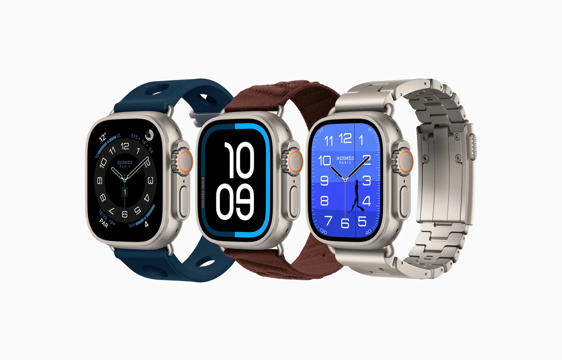 Tres Apple Watch Ultra 4 con correa azul, marrón y pulsera metálica