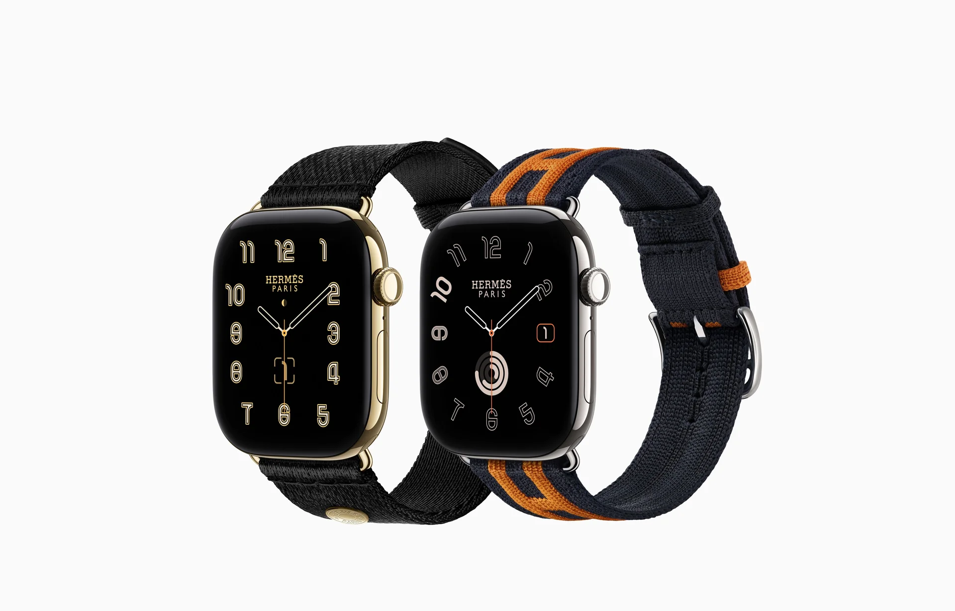 Dos Apple Watch Hermès Series 12, con caja dorada y plateada