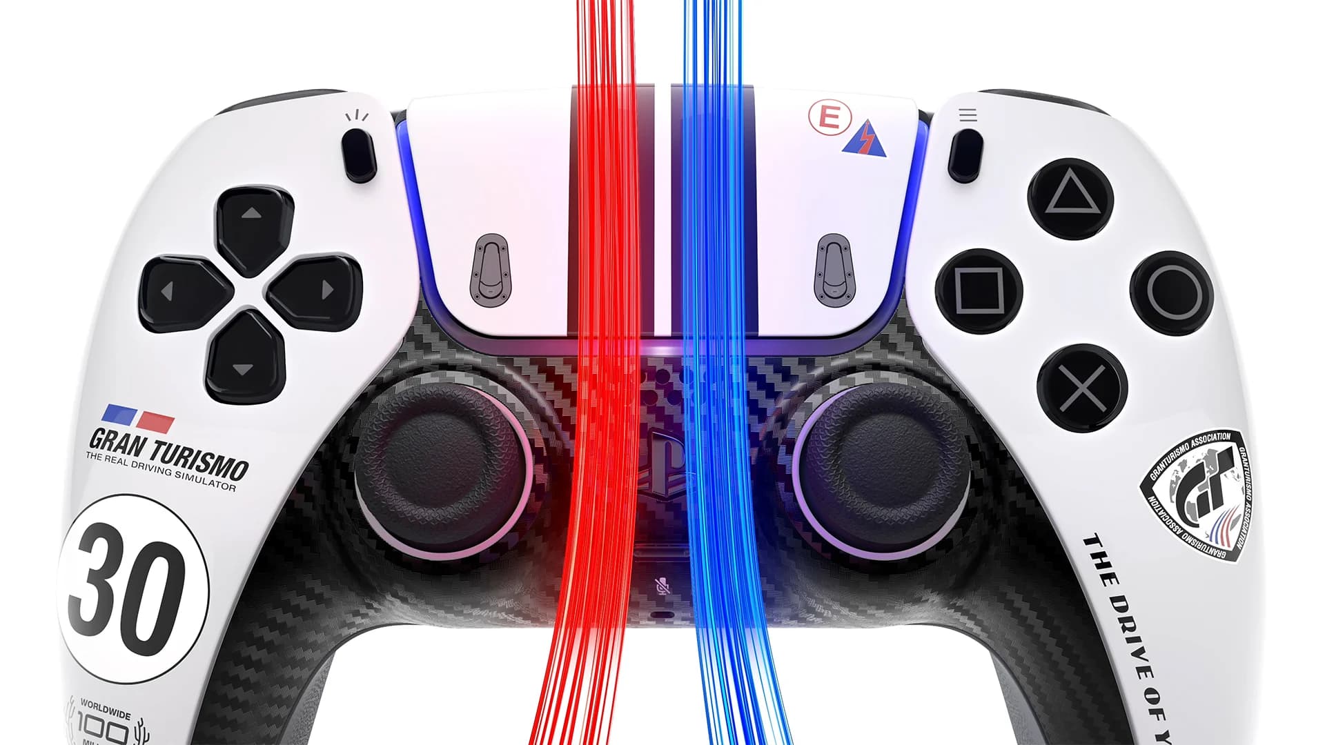 Gran Turismo DualSense crossed by red and blue lines