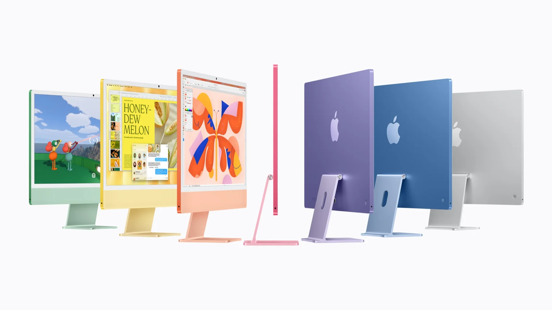 The seven iMac colors seen from the front and back