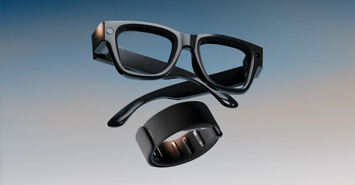 Meta Ray-Ban Display next to the Meta Neural Band wristband on a light background