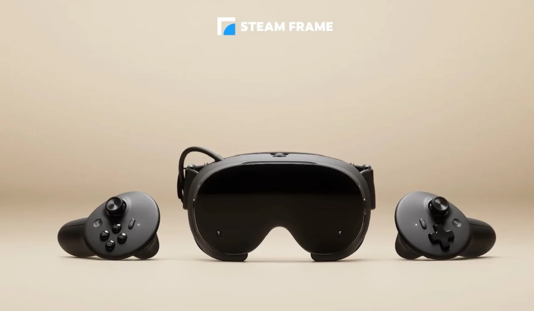 Steam Frame entre sus dos controles sobre un fondo beige